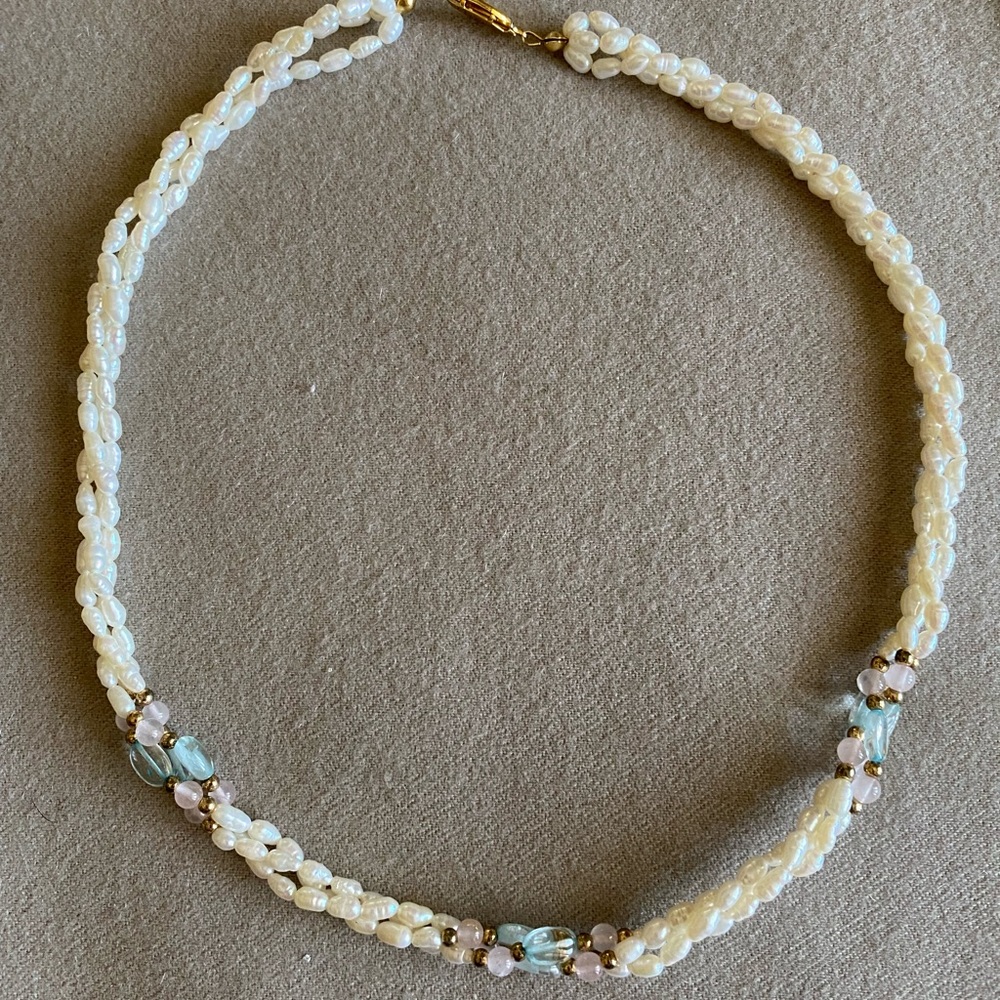 Fresh water pearl necklace 14” with gold clasp with pink, gold tone & blue beads